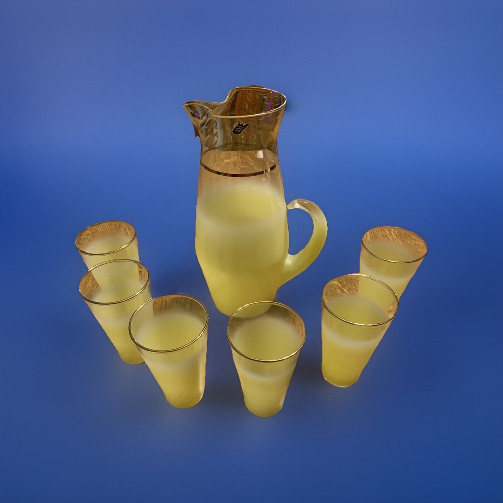 Vtg Lot Blendo Yellow Ombre Frosted Glass Set BIG Pitcher & 6 Tumblers MCM Decor